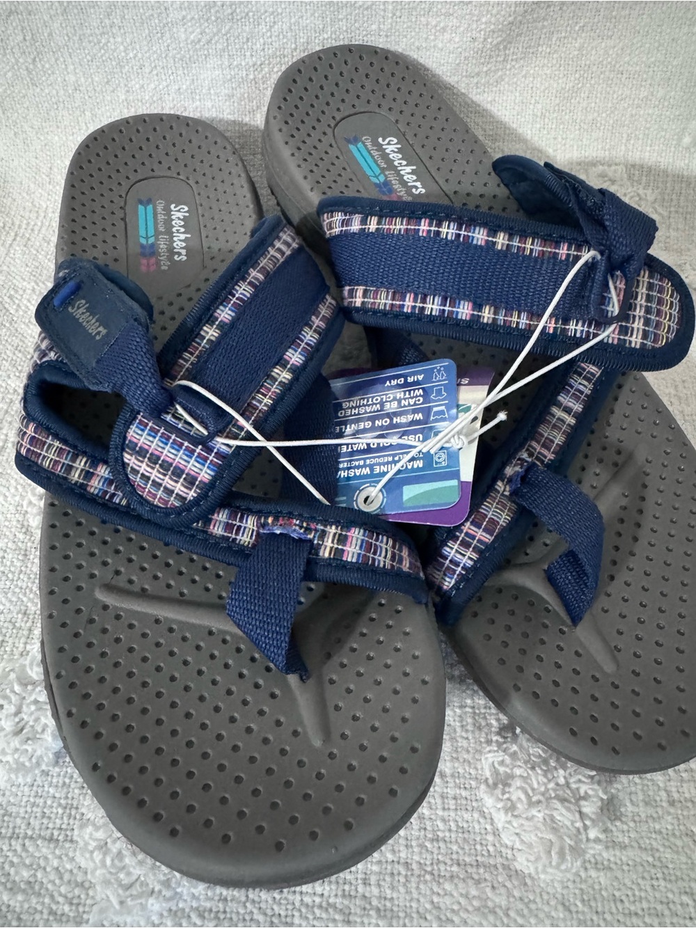 NWT-Skechers Women's Reggae Baja Visit Sunrise Sandals Navy Blue Adjustable